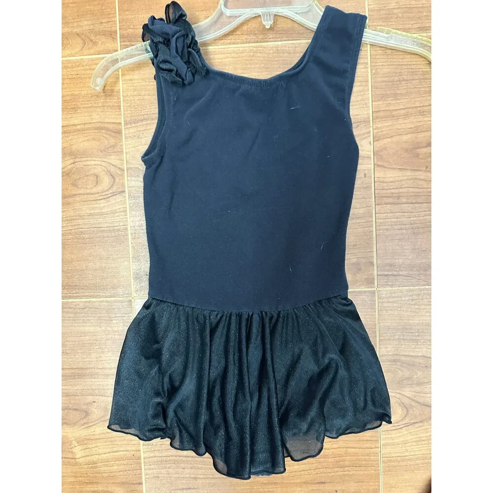 Pre-Owned Dance Leotard Dress Freestyle Large Child Black Ruffle and a Bow Ball
